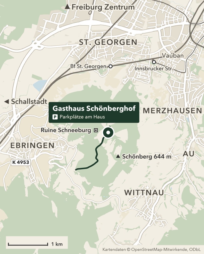 Lagekarte: Gasthaus Schönberghof am Schönberg bei Ebringen, gleich bei der Ruine Schneeburg. Öffnet die Route in Google Maps.