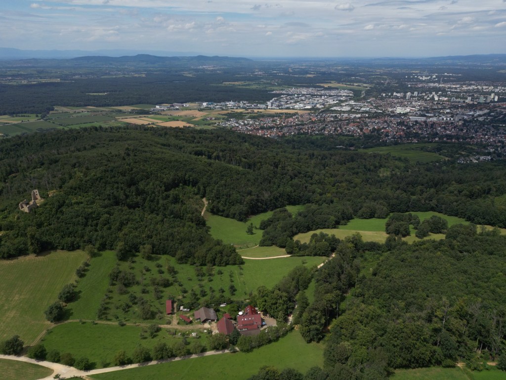 Blick vom Schönberg über den Wald hinunter nach Freiburg und in die Rheinebene, unten der Schönberghof